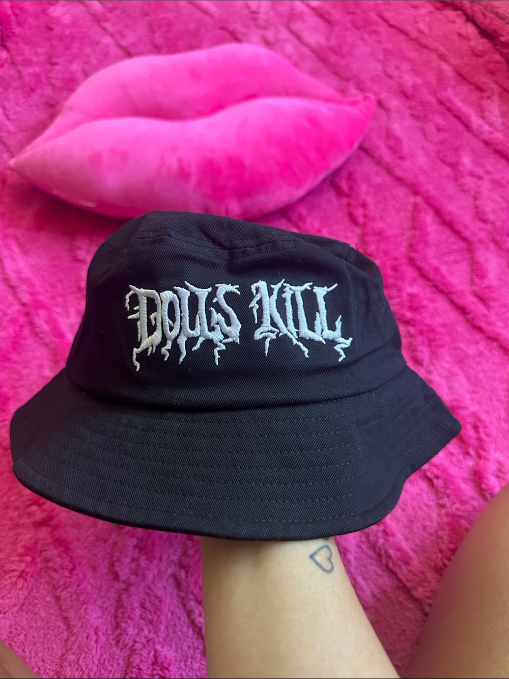Dolls Kill Black Bucket Hat with White Logo Embroidery